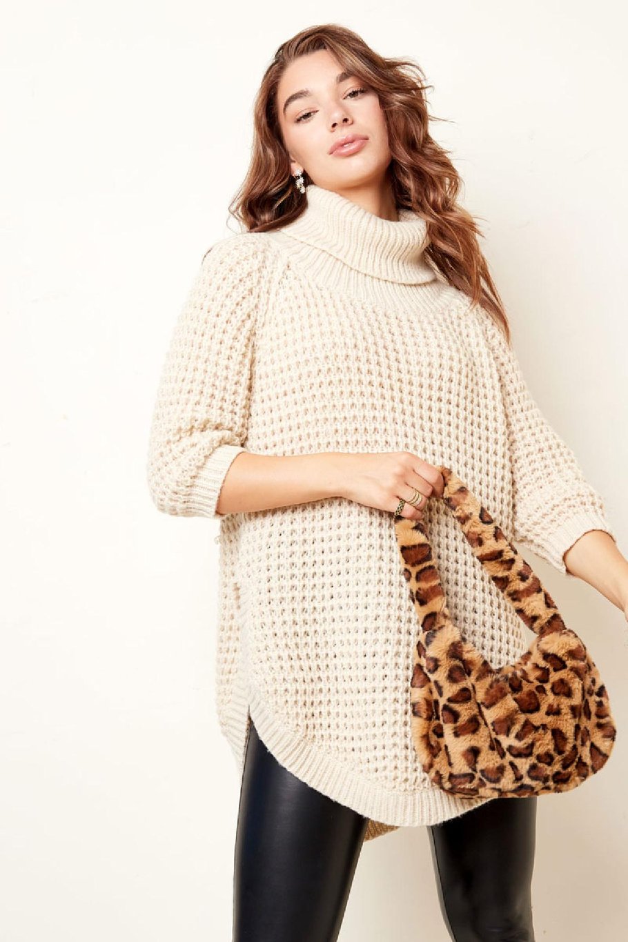 Langer Rollkragenpullover in Grobstrick Sand S/M Bild3